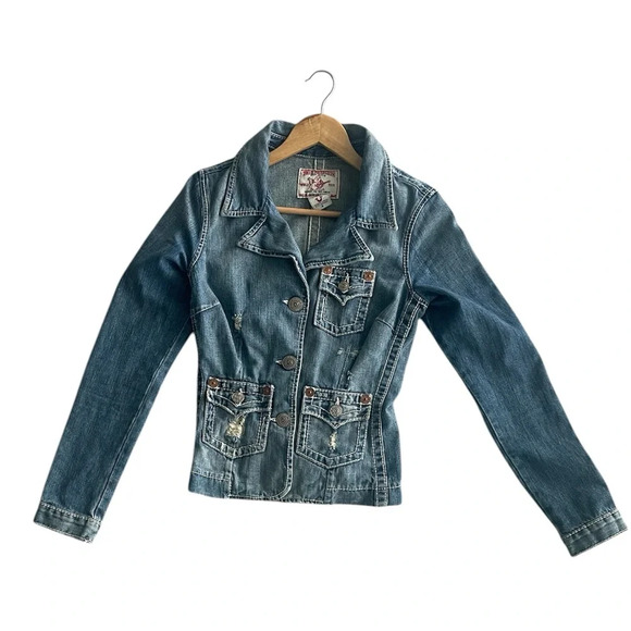 True Religion Distressed Moto Blue Denim Women's Jacket Size Small - Picture 1 of 8